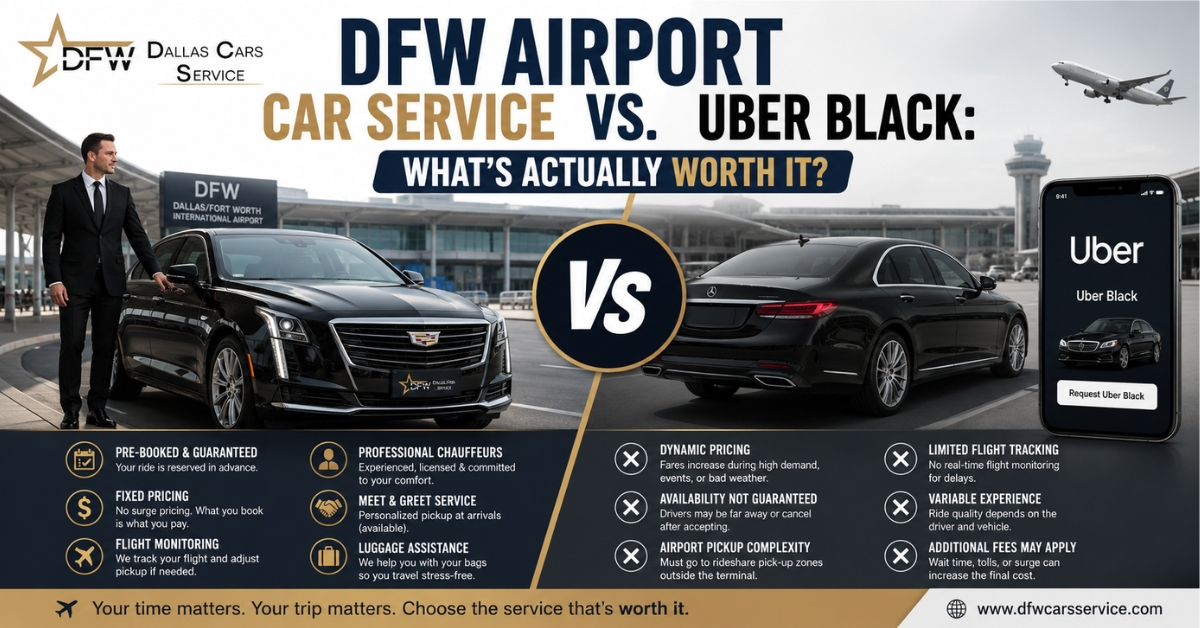Luxury DFW airport car service compared with Uber Black for airport pickups, pricing, and travel reliability.