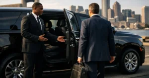 Professional chauffeur opening a luxury SUV door for a business traveler using a DFW car service.